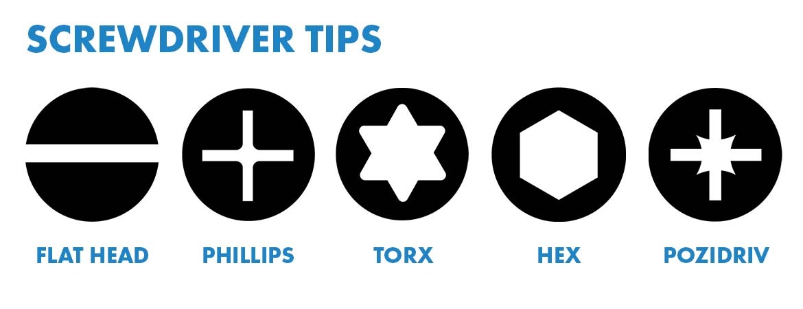 विभिन्न स्क्रू हेड प्रकार।